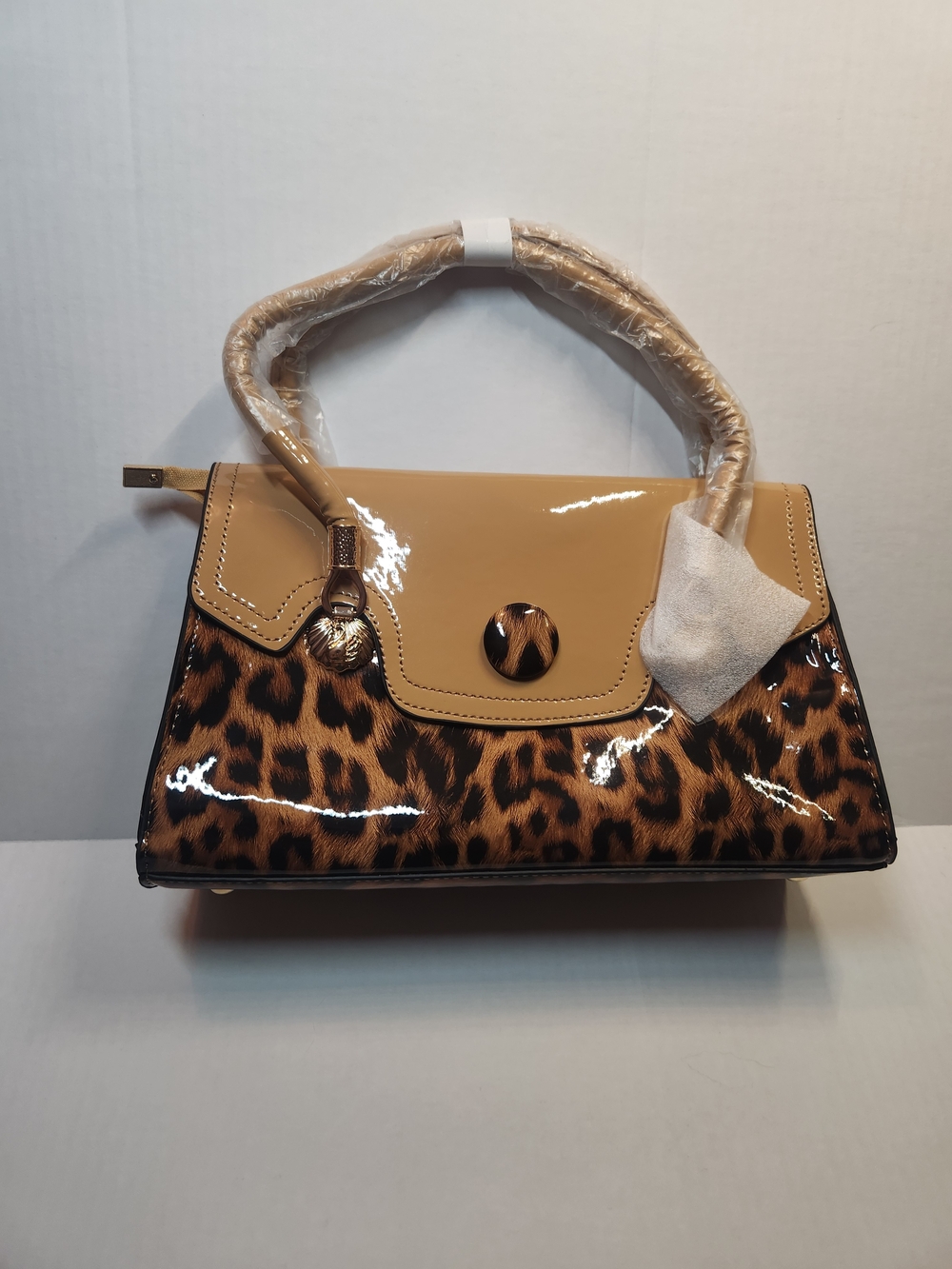 Patent Leopard Print Top-Handle Satchel in Tan